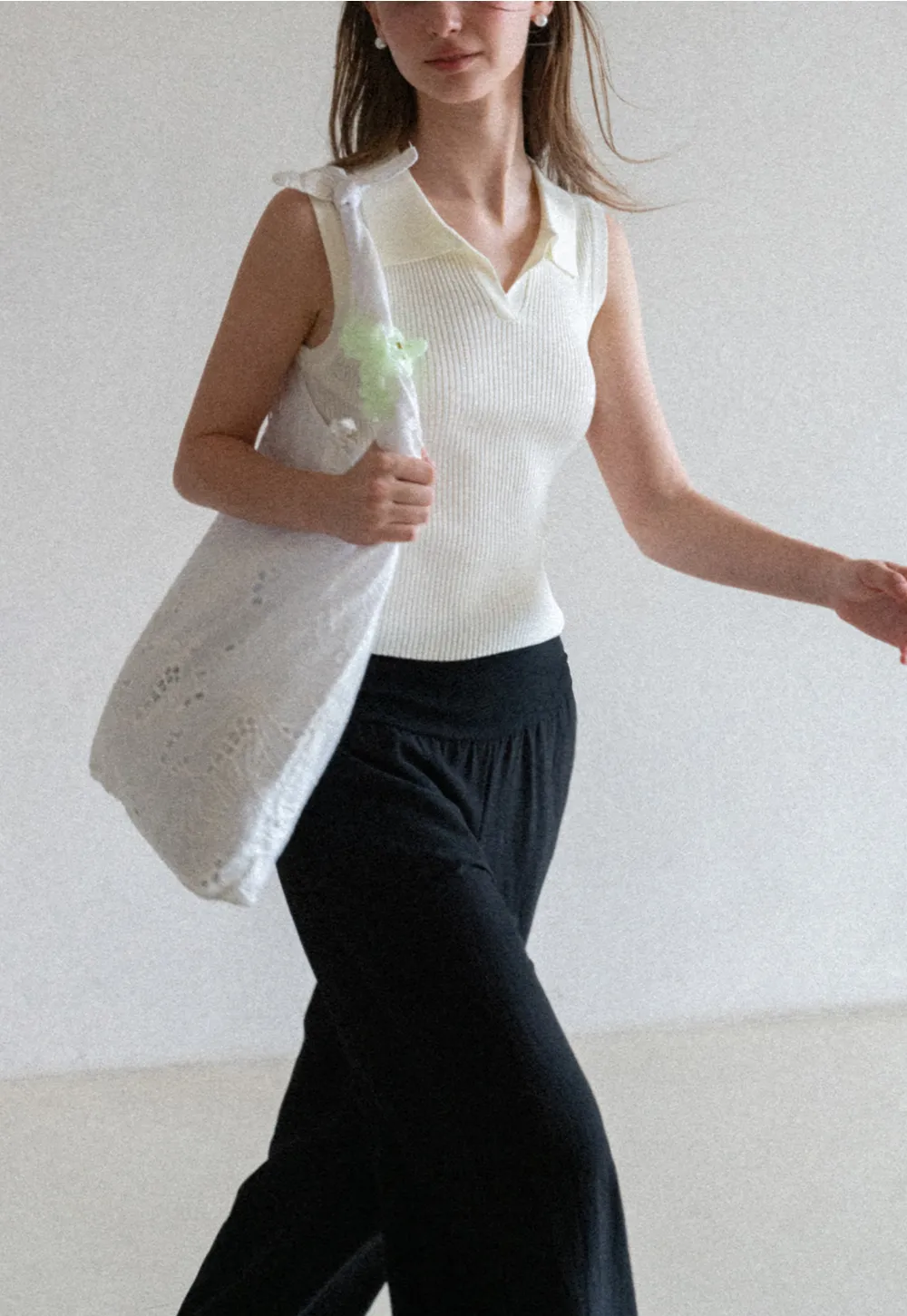 Ribbed Knit Sleeveless Polo Neck Top