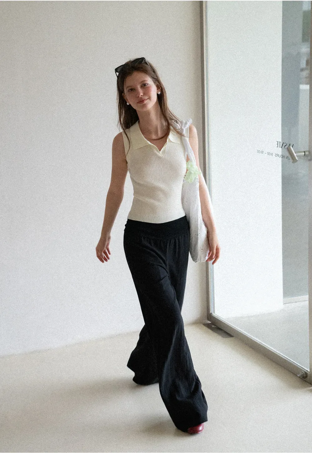 Ribbed Knit Sleeveless Polo Neck Top