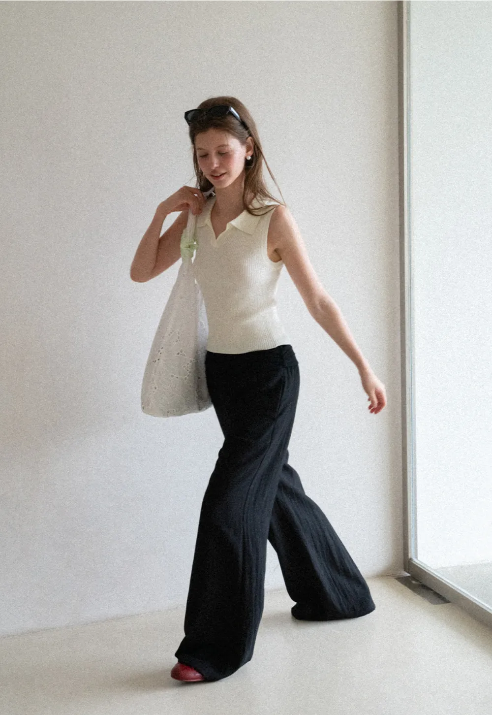 Ribbed Knit Sleeveless Polo Neck Top