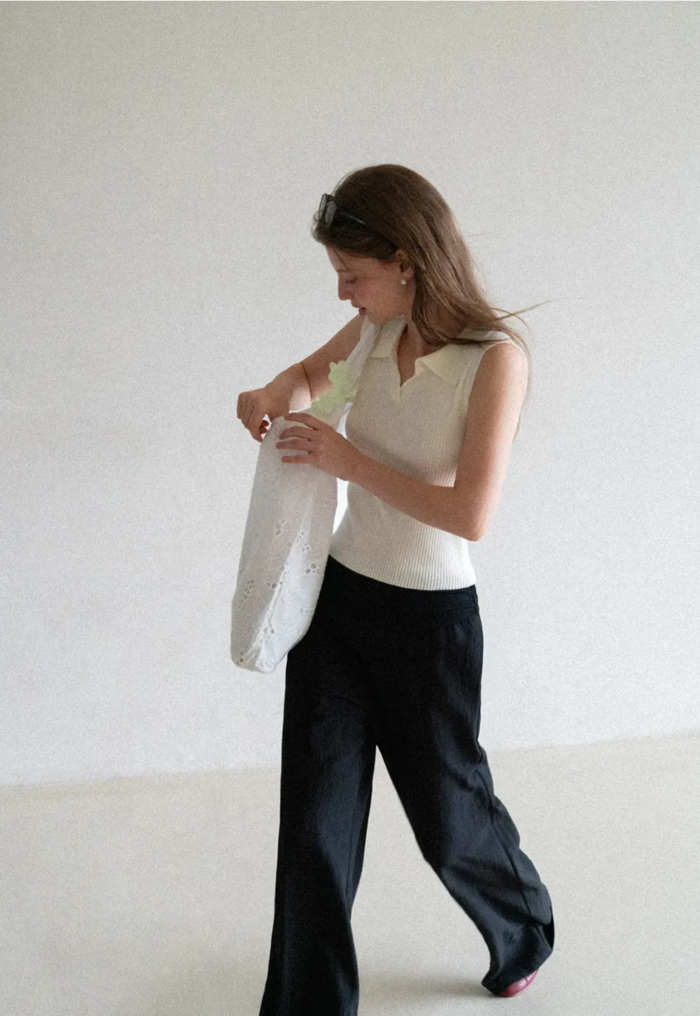 Ribbed Knit Sleeveless Polo Neck Top