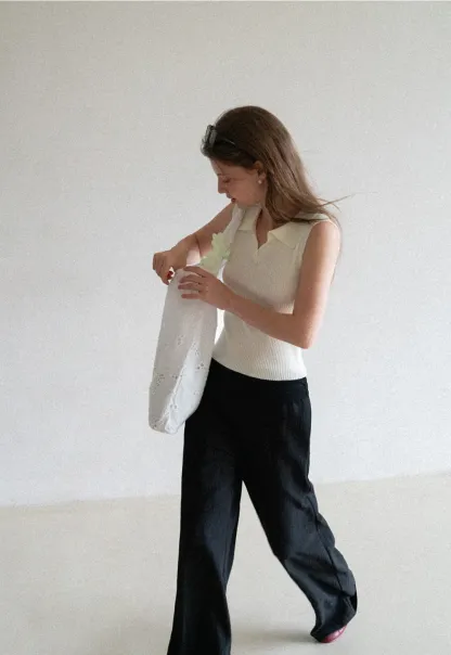 Ribbed Knit Sleeveless Polo Neck Top