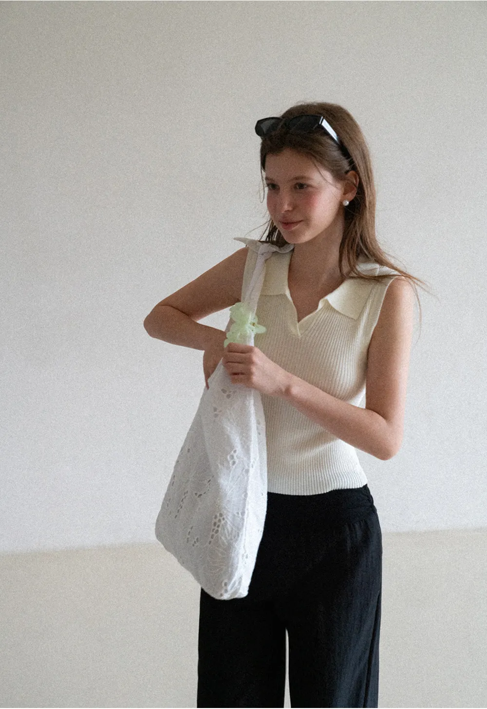 Ribbed Knit Sleeveless Polo Neck Top