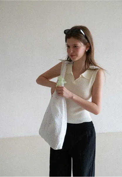 Ribbed Knit Sleeveless Polo Neck Top
