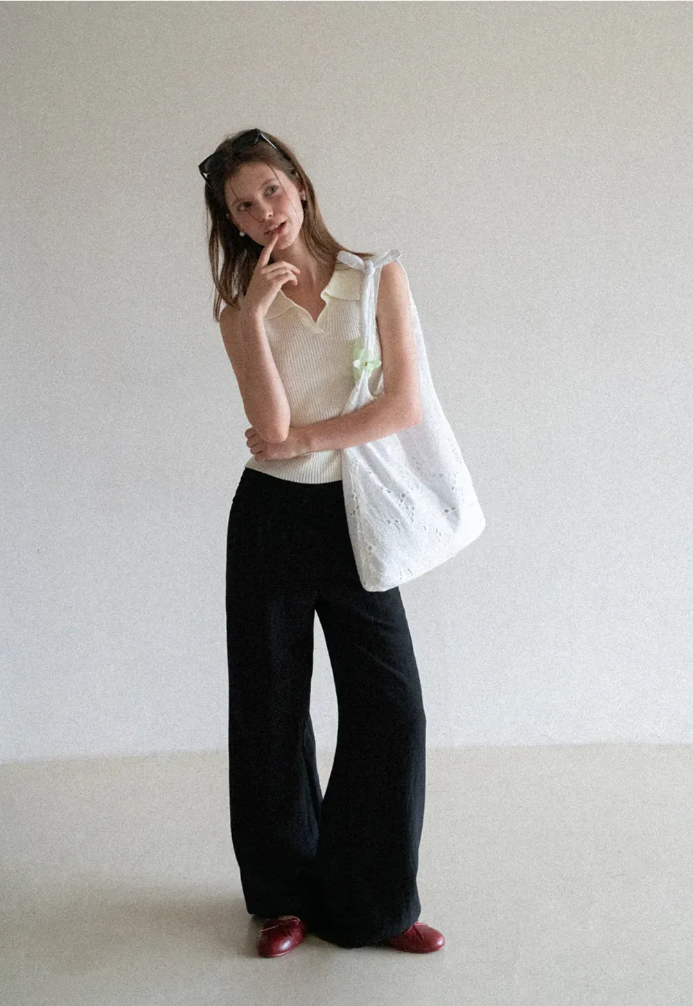 Ribbed Knit Sleeveless Polo Neck Top