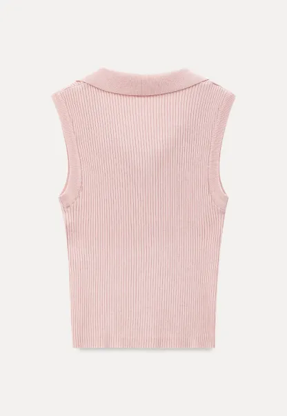 Ribbed Knit Sleeveless Polo Neck Top