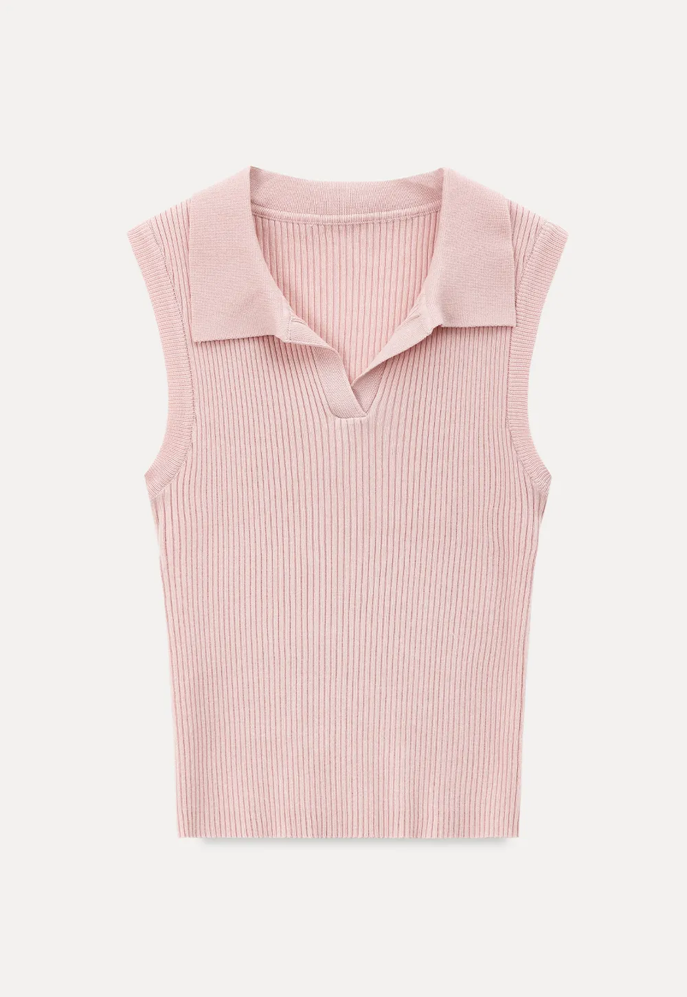 Ribbed Knit Sleeveless Polo Neck Top
