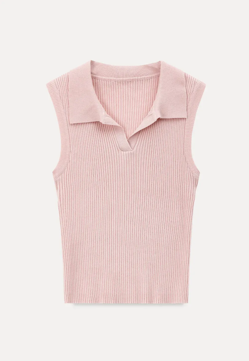Ribbed Knit Sleeveless Polo Neck Top
