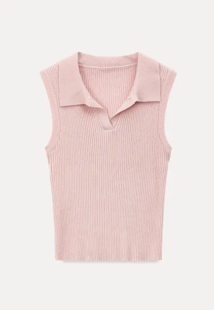 Ribbed Knit Sleeveless Polo Neck Top