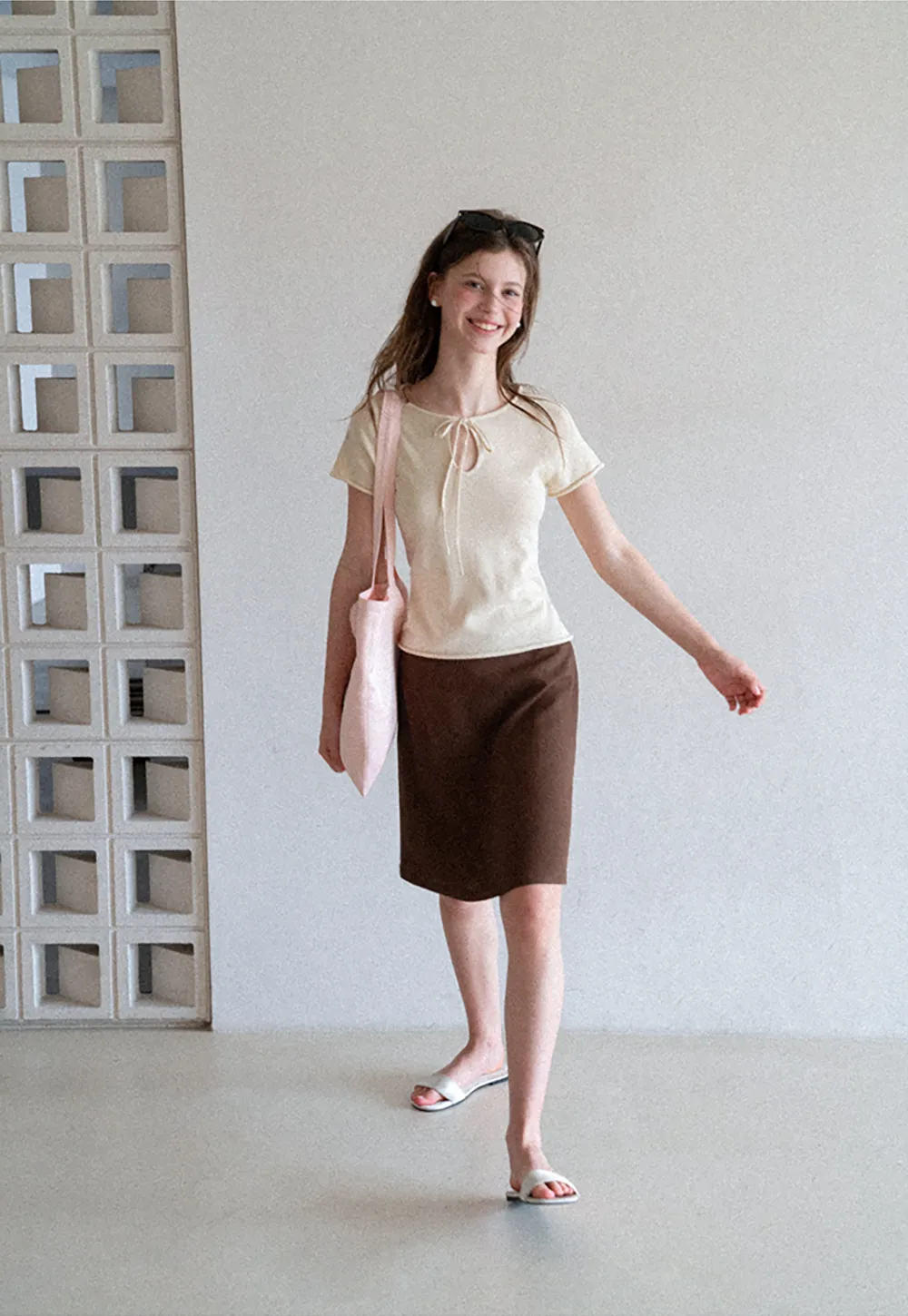 Drawstring Neck Short Sleeve Knit Top