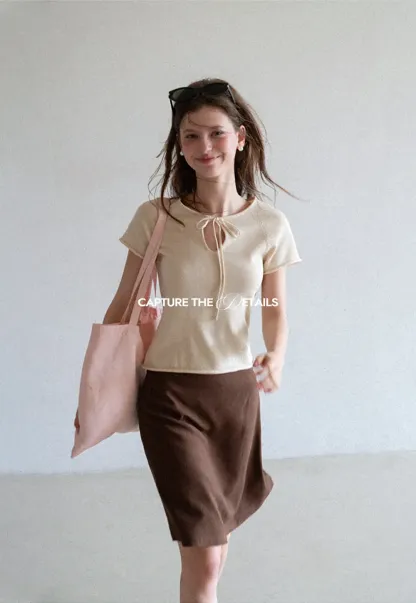 Drawstring Neck Short Sleeve Knit Top