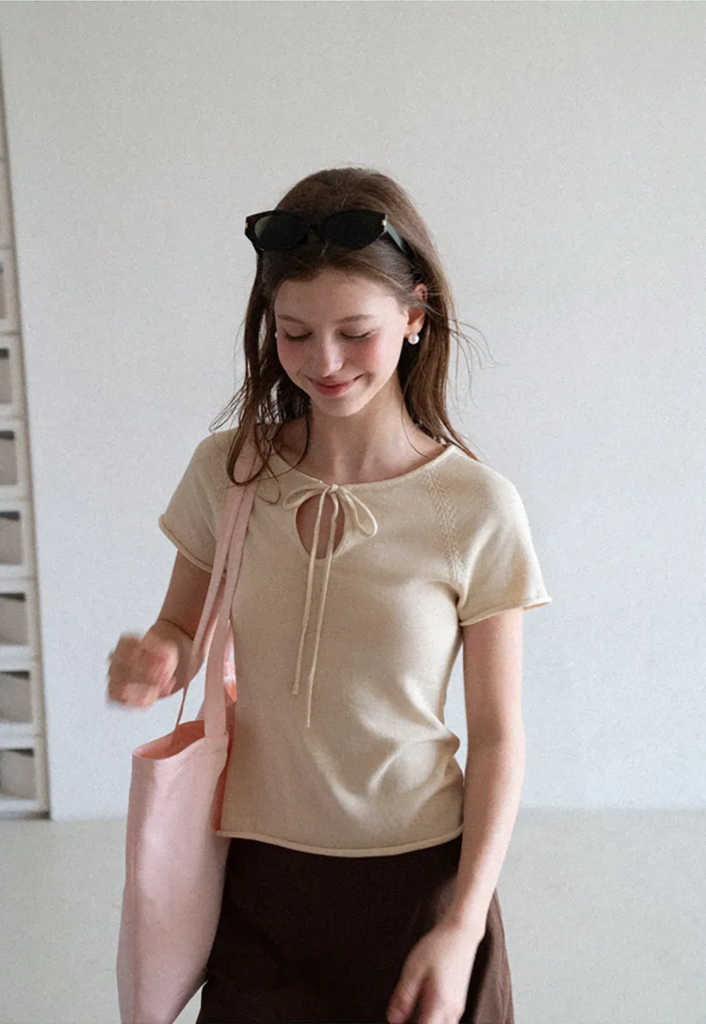 Drawstring Neck Short Sleeve Knit Top