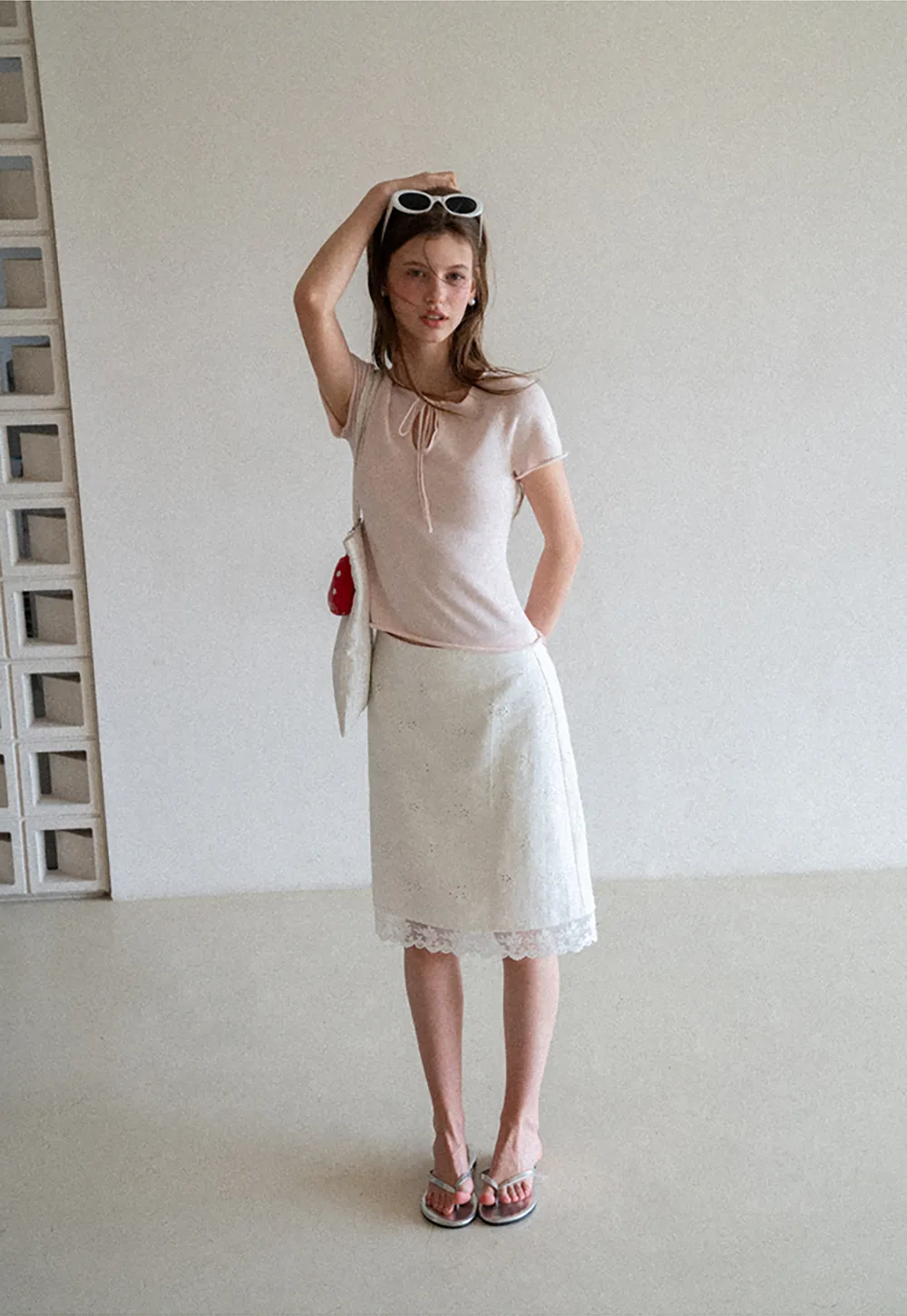 Drawstring Neck Short Sleeve Knit Top