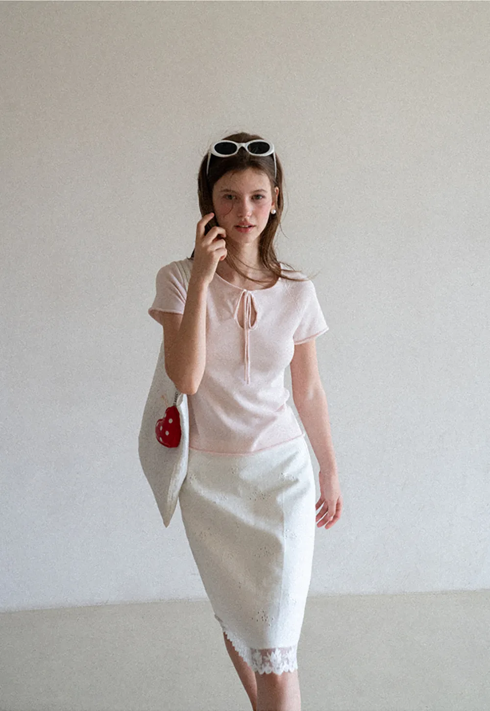 Drawstring Neck Short Sleeve Knit Top