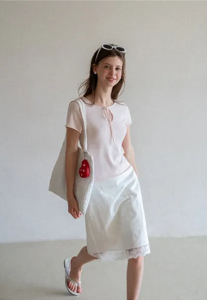 Drawstring Neck Short Sleeve Knit Top