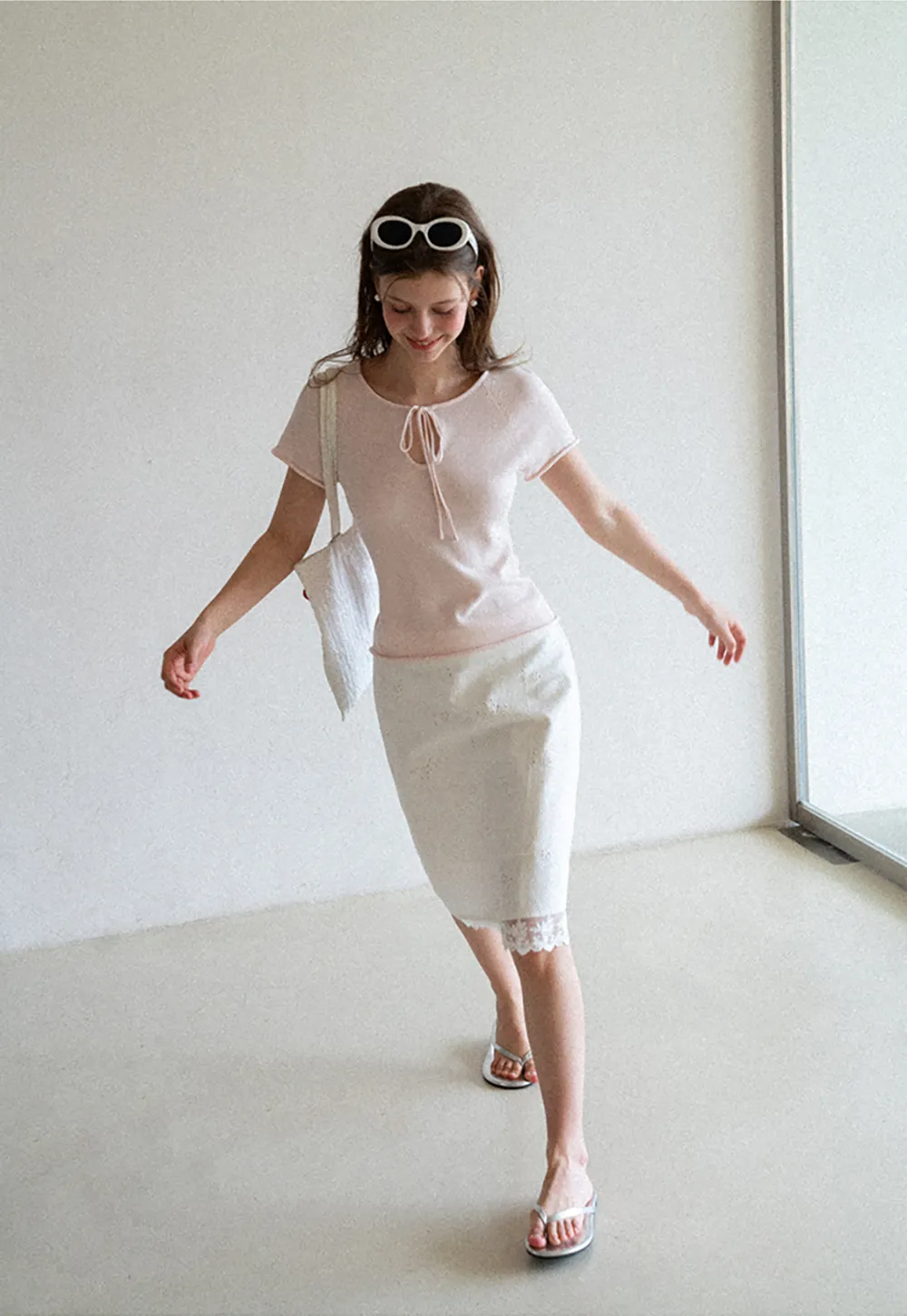 Drawstring Neck Short Sleeve Knit Top