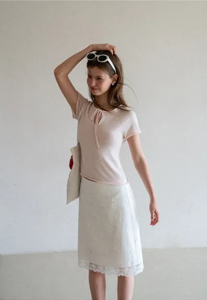 Drawstring Neck Short Sleeve Knit Top