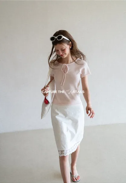 Drawstring Neck Short Sleeve Knit Top