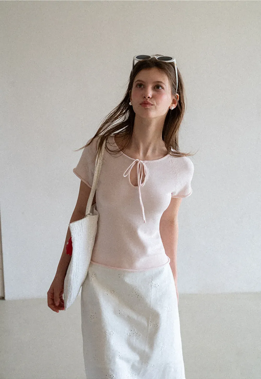 Drawstring Neck Short Sleeve Knit Top
