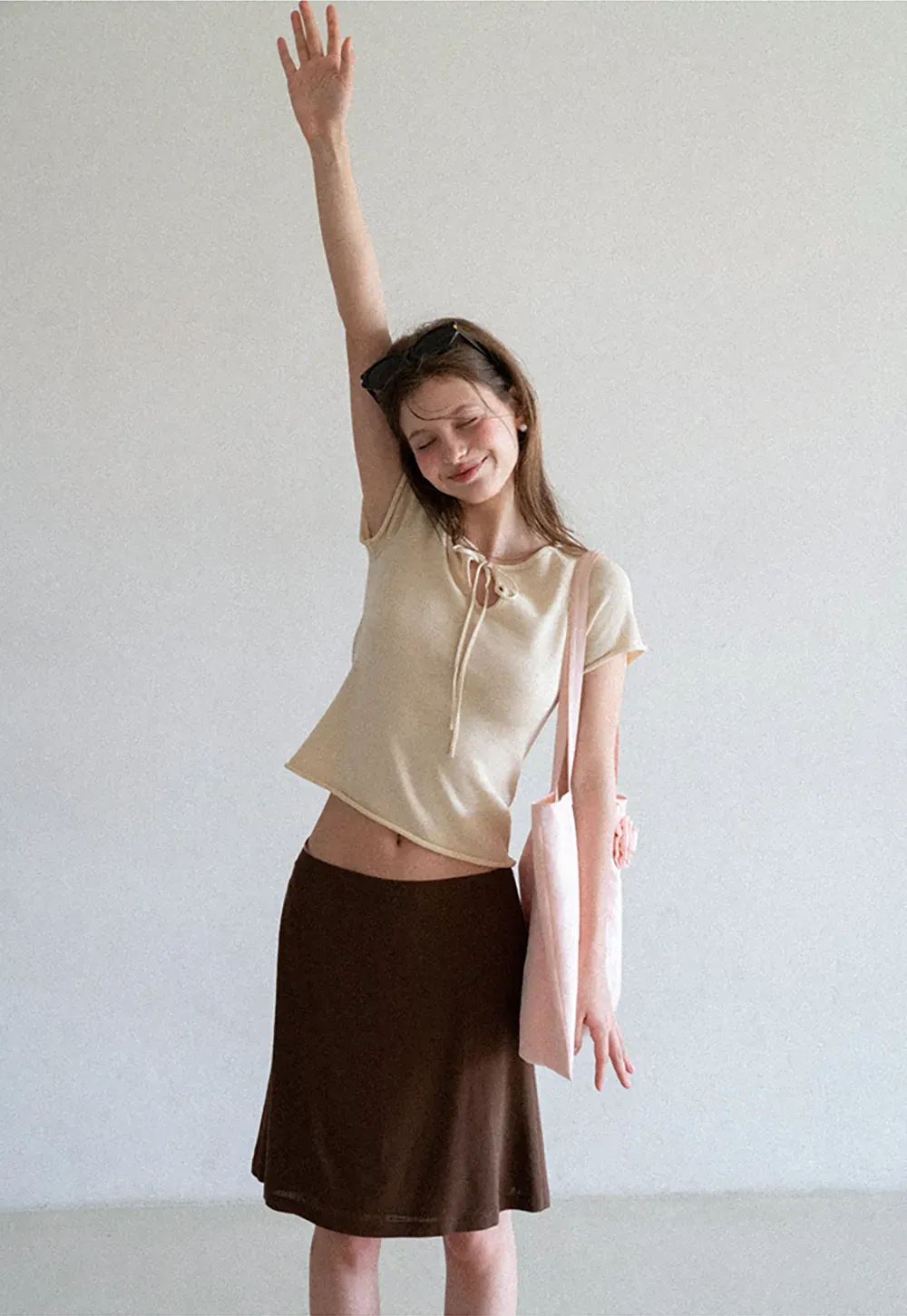 Drawstring Neck Short Sleeve Knit Top