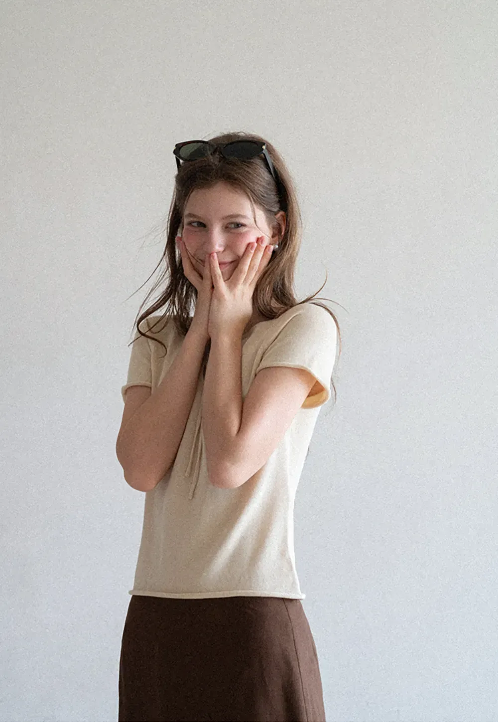 Drawstring Neck Short Sleeve Knit Top