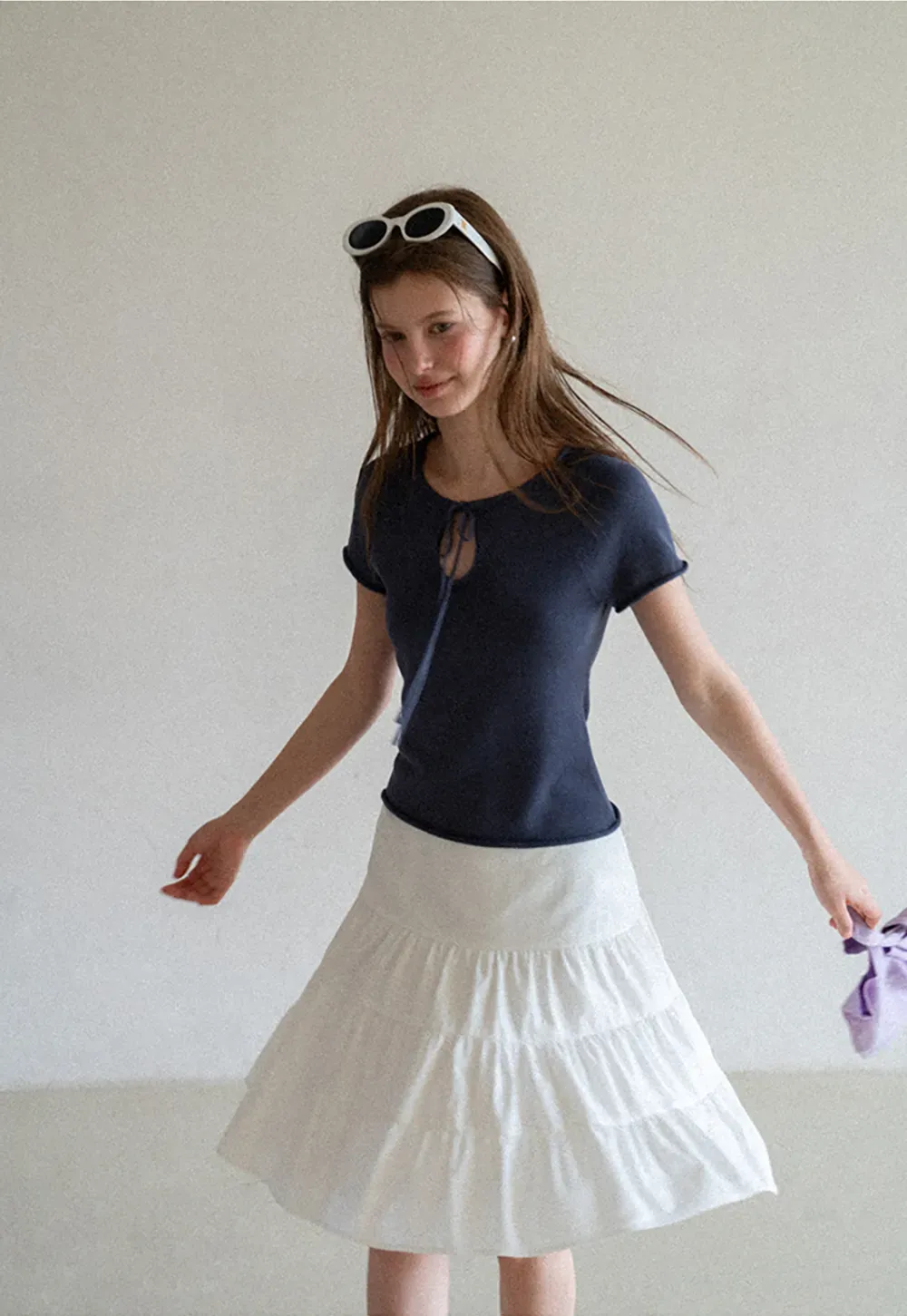 Drawstring Neck Short Sleeve Knit Top