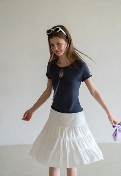 Drawstring Neck Short Sleeve Knit Top