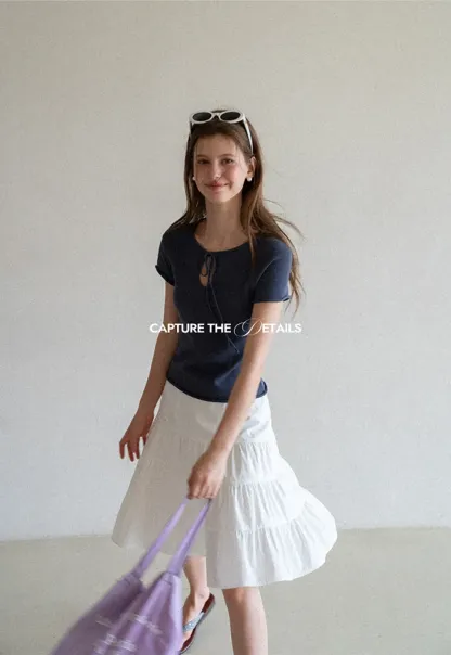 Drawstring Neck Short Sleeve Knit Top