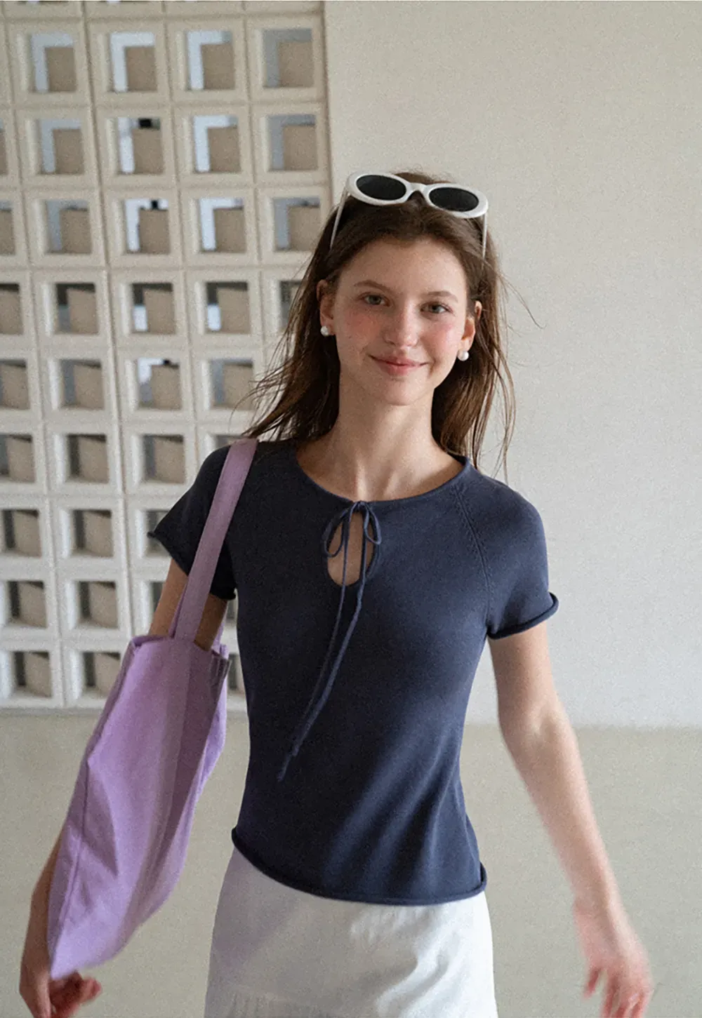 Drawstring Neck Short Sleeve Knit Top