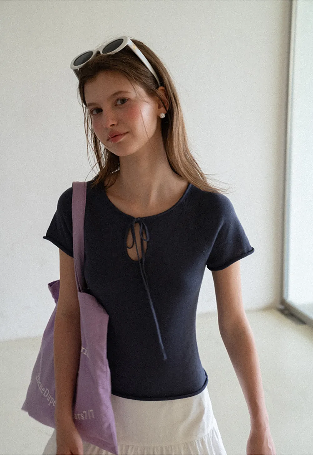 Drawstring Neck Short Sleeve Knit Top