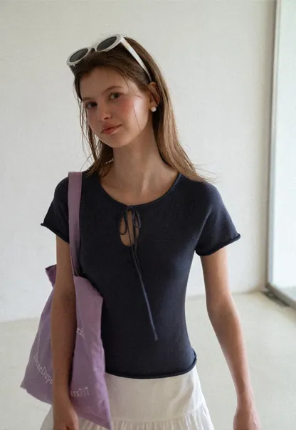 Drawstring Neck Short Sleeve Knit Top
