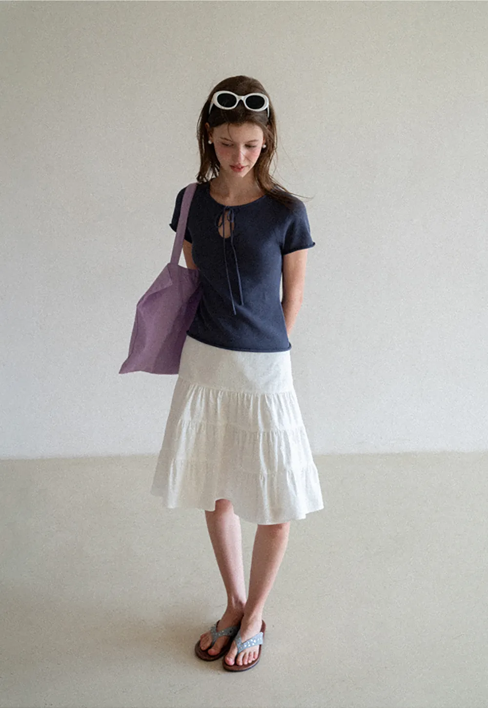 Drawstring Neck Short Sleeve Knit Top