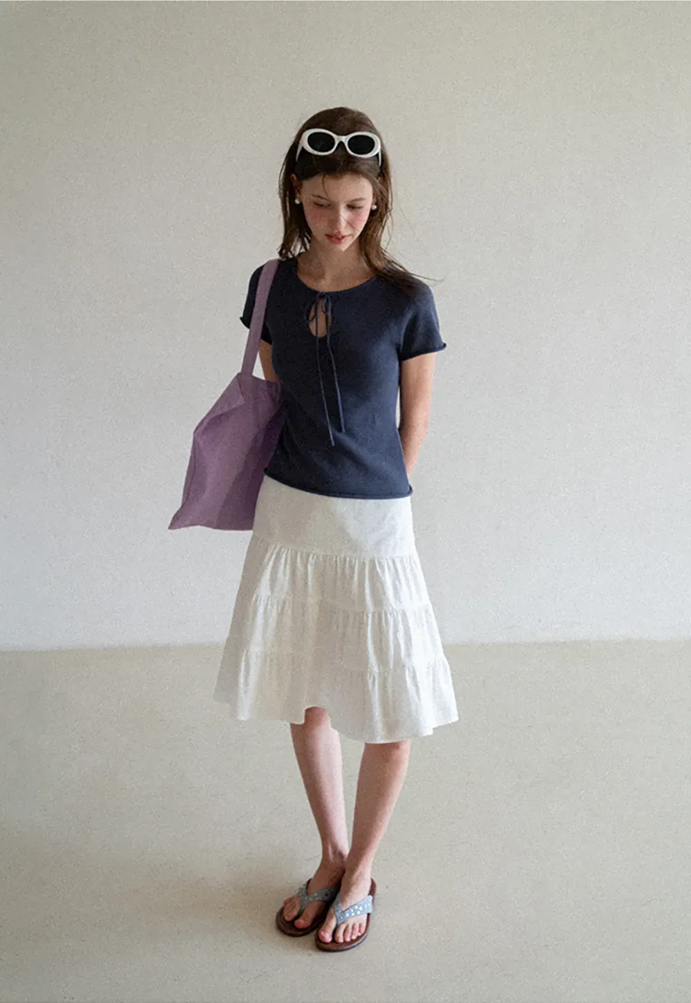 Drawstring Neck Short Sleeve Knit Top