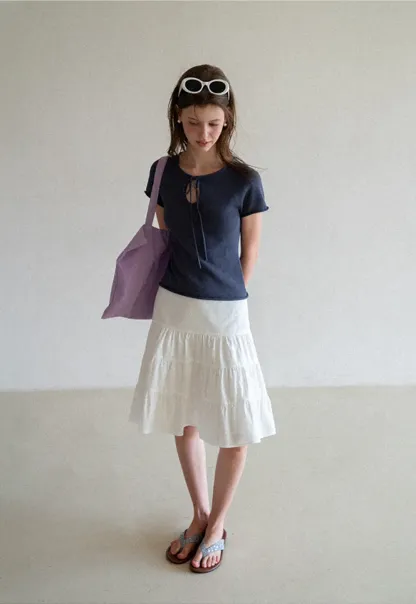 Drawstring Neck Short Sleeve Knit Top