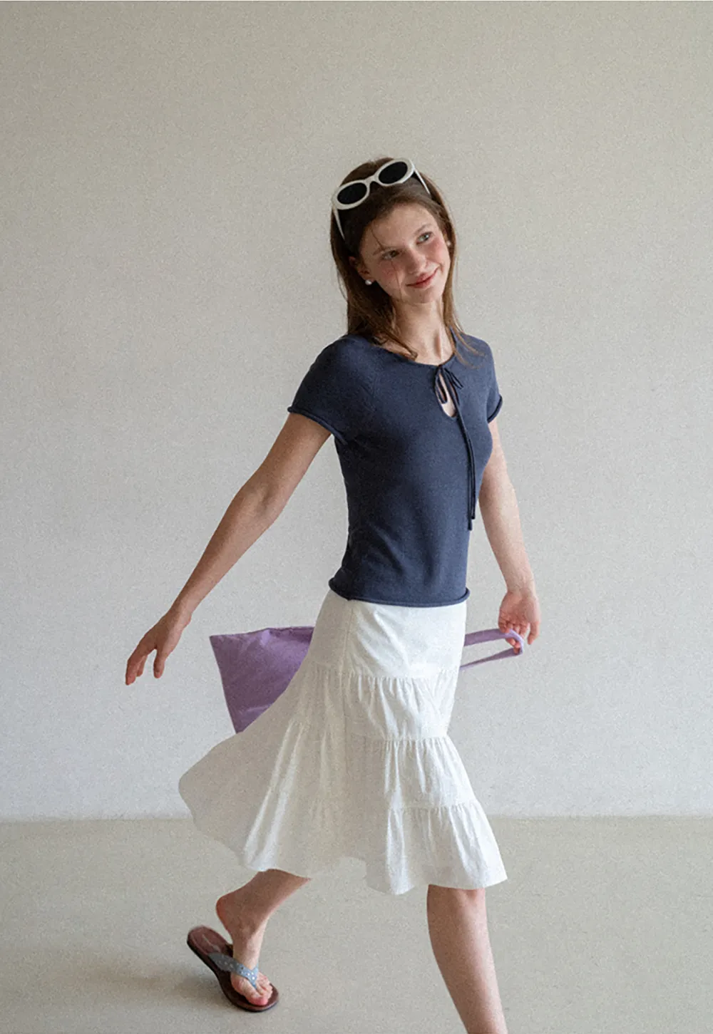 Drawstring Neck Short Sleeve Knit Top