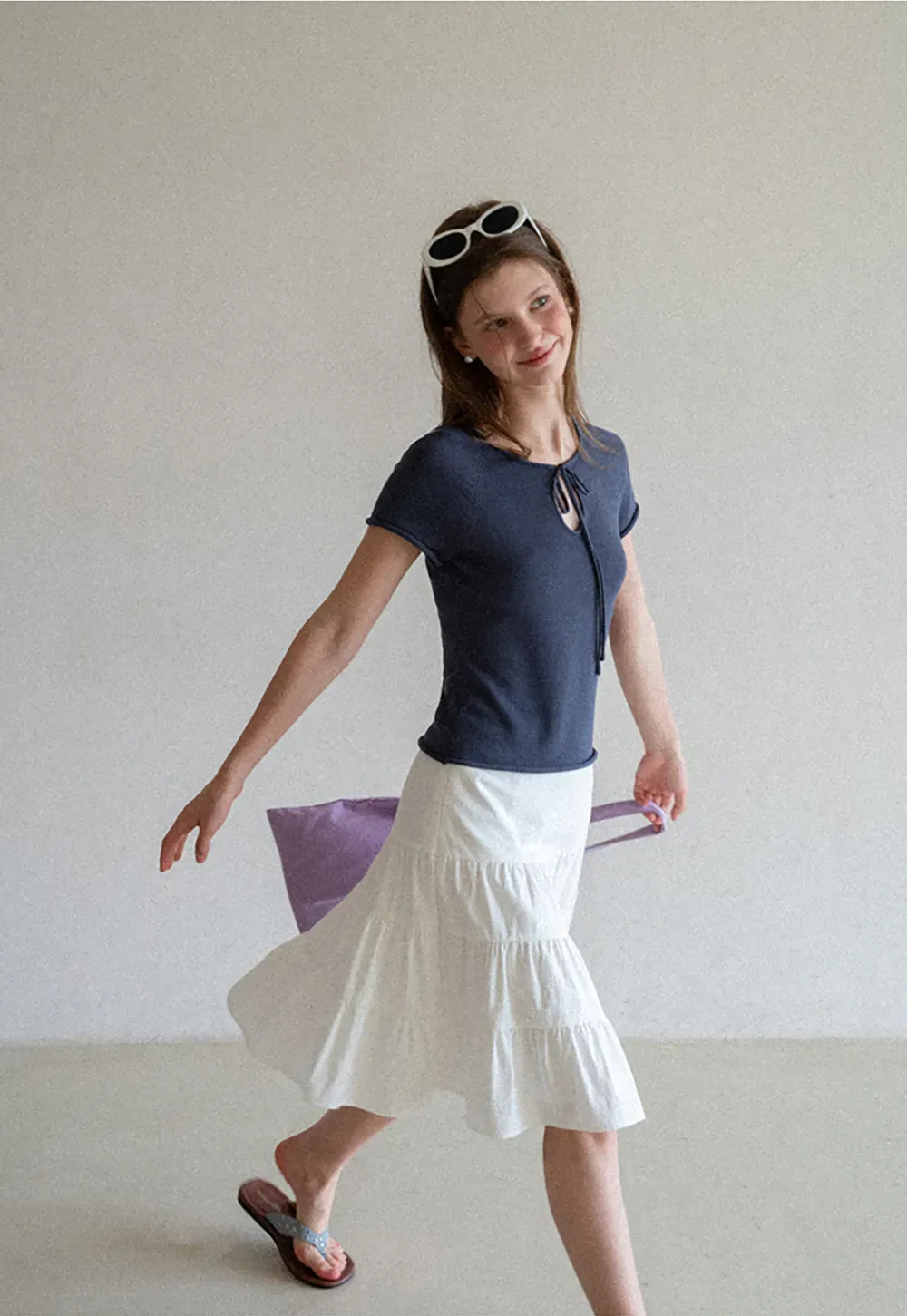 Drawstring Neck Short Sleeve Knit Top