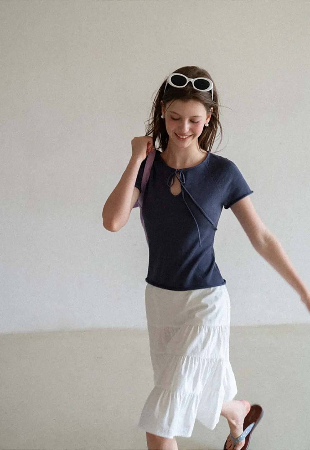 Drawstring Neck Short Sleeve Knit Top