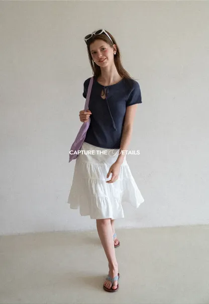 Drawstring Neck Short Sleeve Knit Top