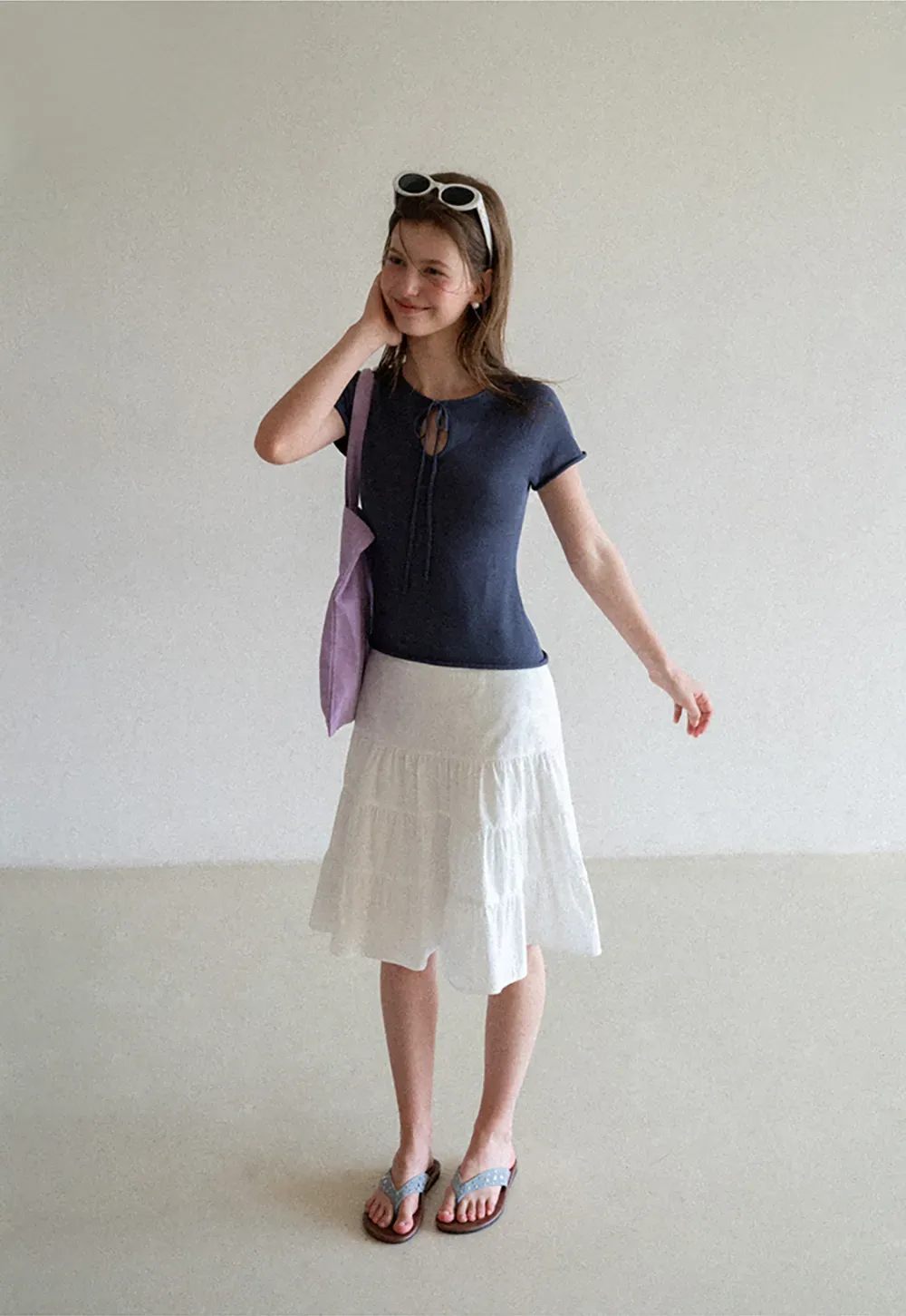 Drawstring Neck Short Sleeve Knit Top