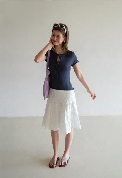 Drawstring Neck Short Sleeve Knit Top