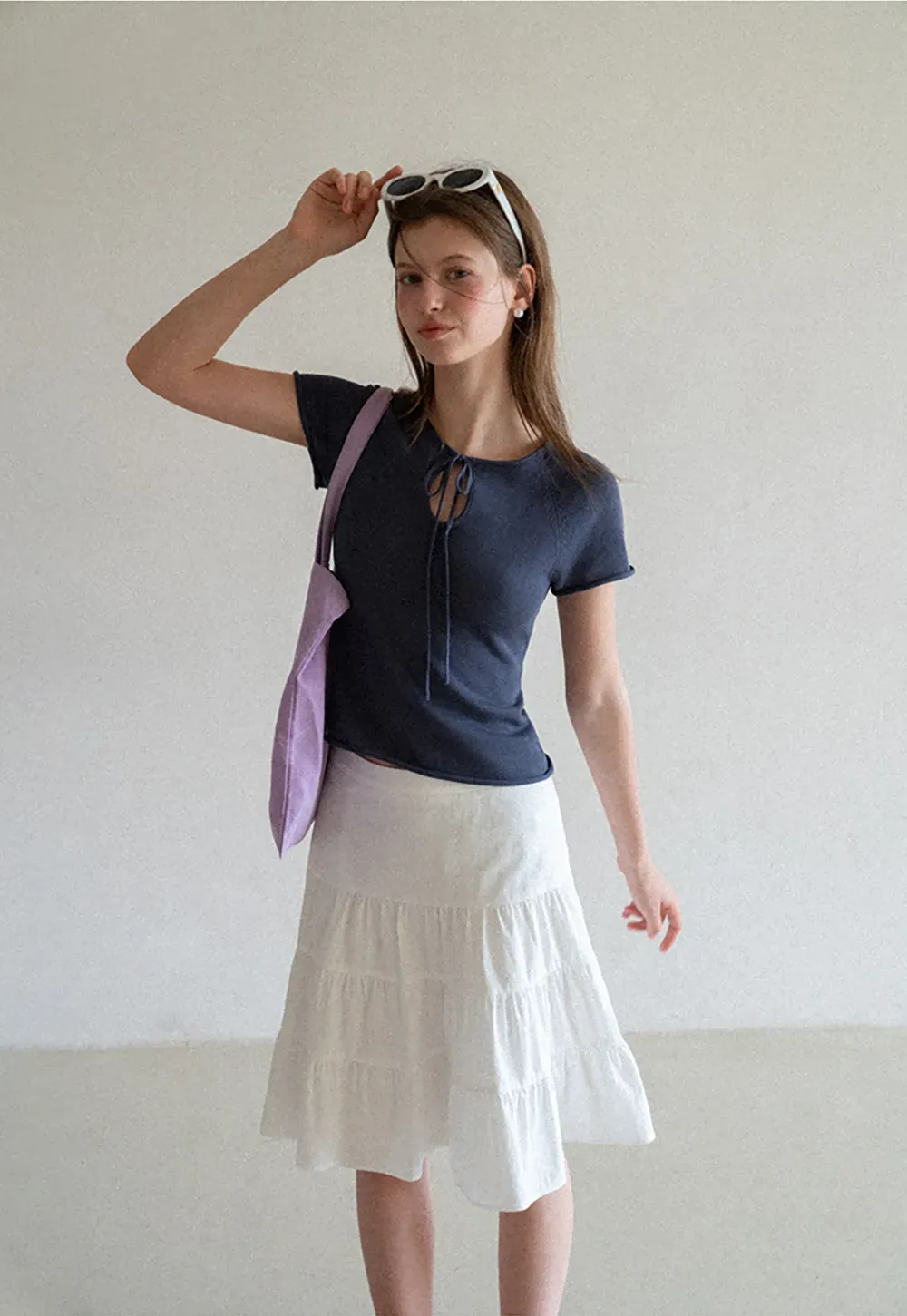 Drawstring Neck Short Sleeve Knit Top
