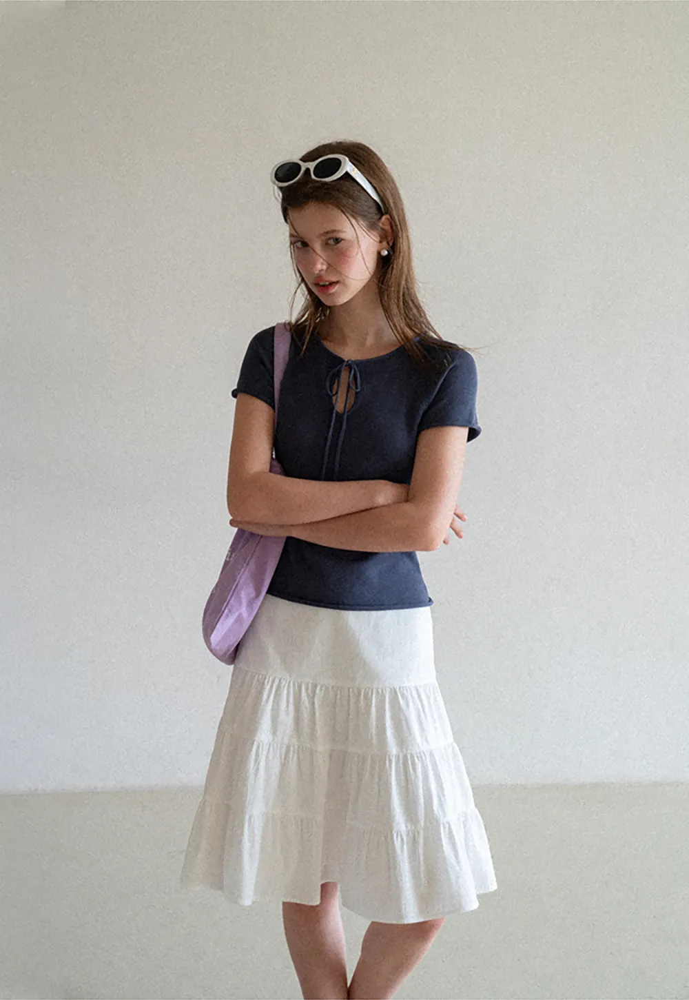 Drawstring Neck Short Sleeve Knit Top