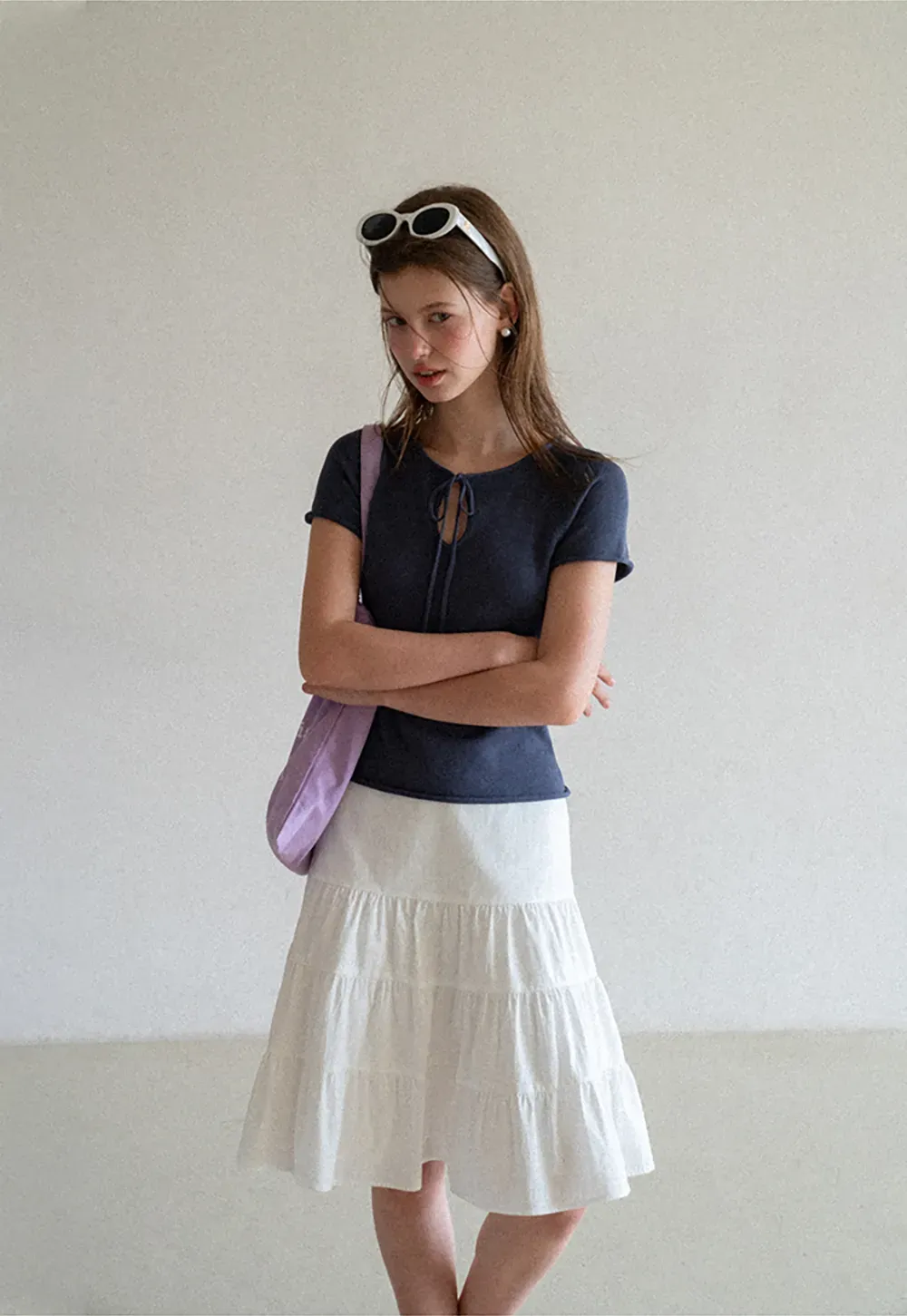 Drawstring Neck Short Sleeve Knit Top