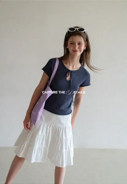 Drawstring Neck Short Sleeve Knit Top