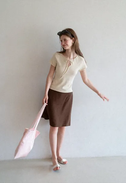 Drawstring Neck Short Sleeve Knit Top