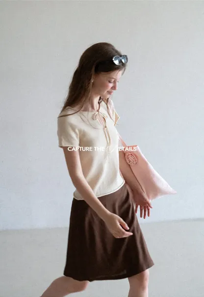 Drawstring Neck Short Sleeve Knit Top
