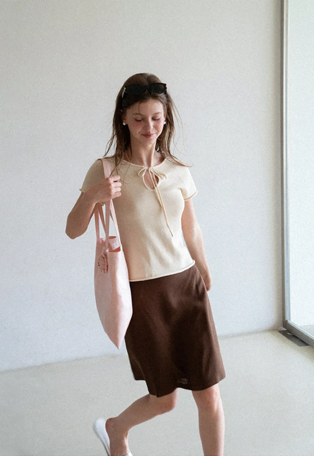 Drawstring Neck Short Sleeve Knit Top