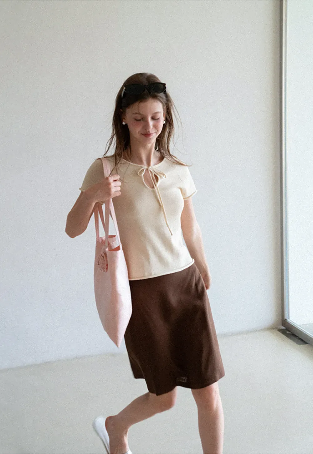 Drawstring Neck Short Sleeve Knit Top