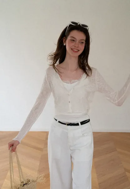 Lace Trim V Neck Long Sleeve Knit Sweater