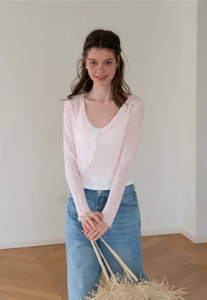 Lace Trim V Neck Long Sleeve Knit Sweater