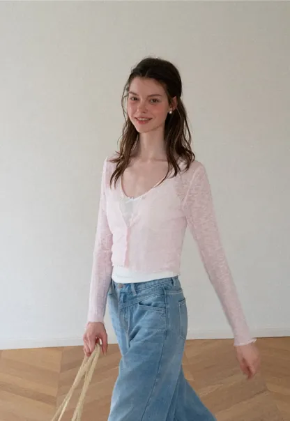Lace Trim V Neck Long Sleeve Knit Sweater